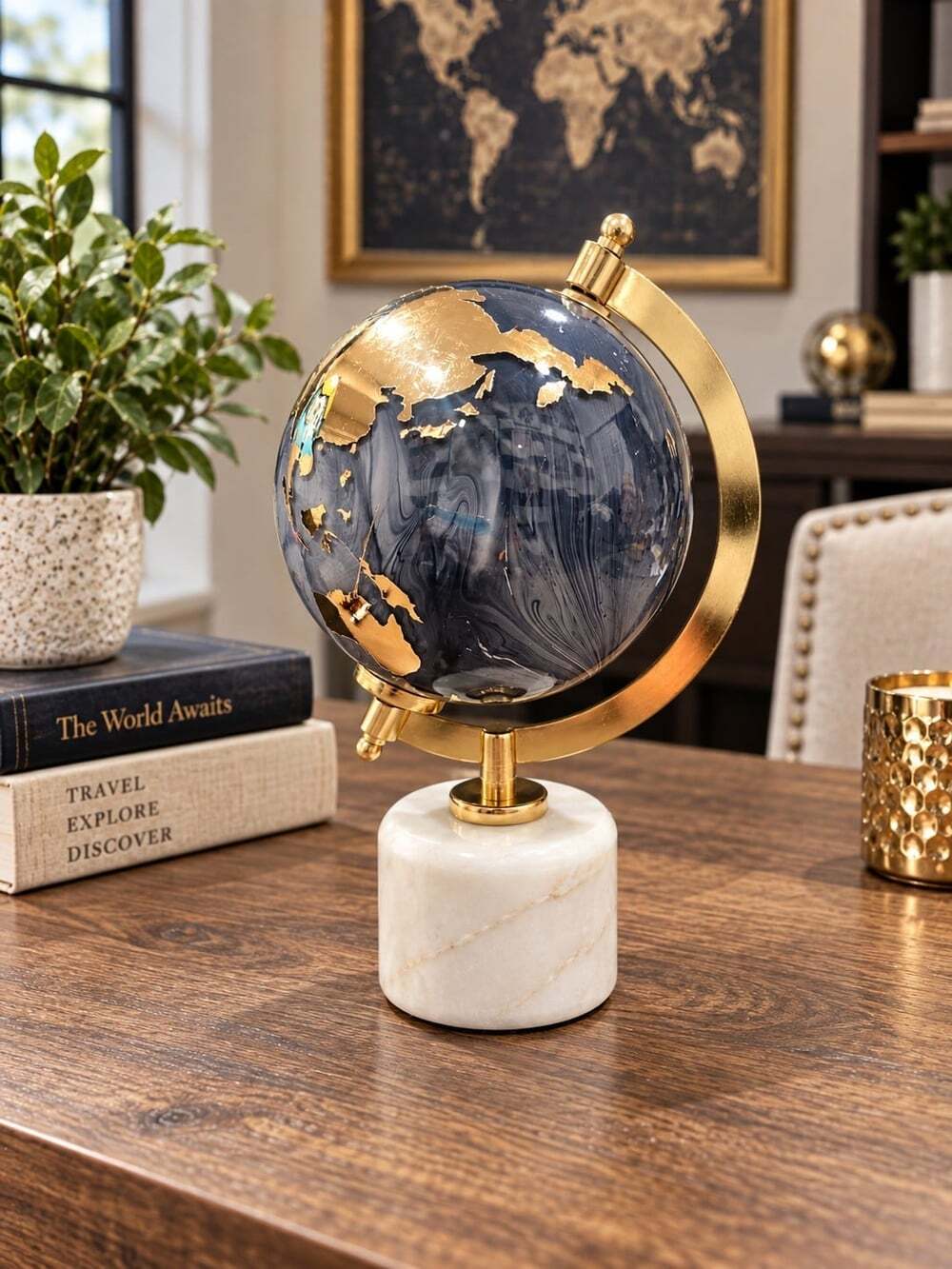 New Blue Hollywood Regency Glass Gold Globe Map Sculpture Figurine Room Decor